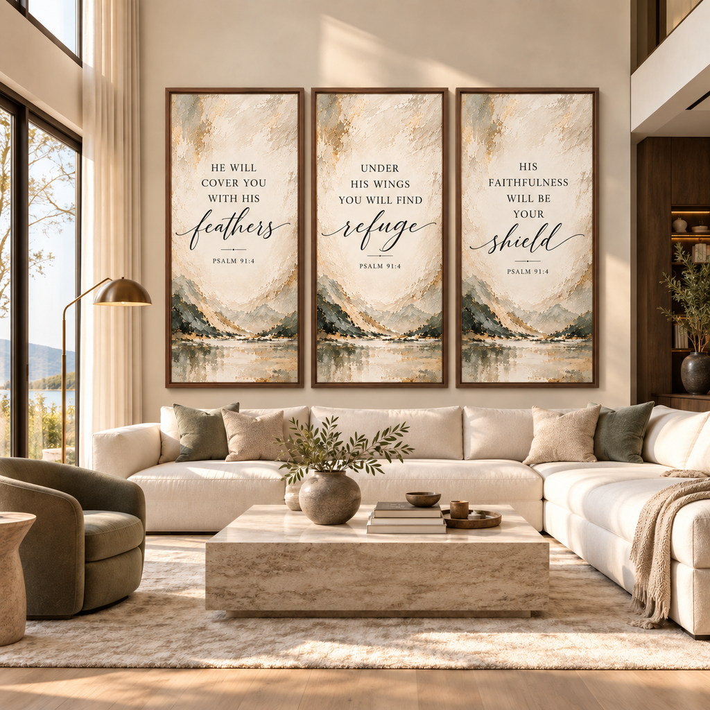 Psalm 91:4 Christian Canvas Wall Art Set of 3 – Feathers, Shield & Refuge