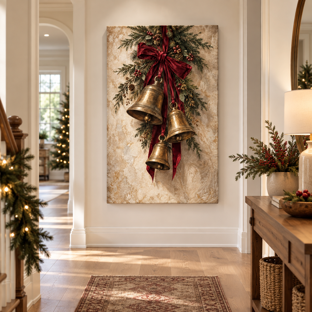 Antique Brass Christmas Bells & Evergreen Swag Canvas Wall Art