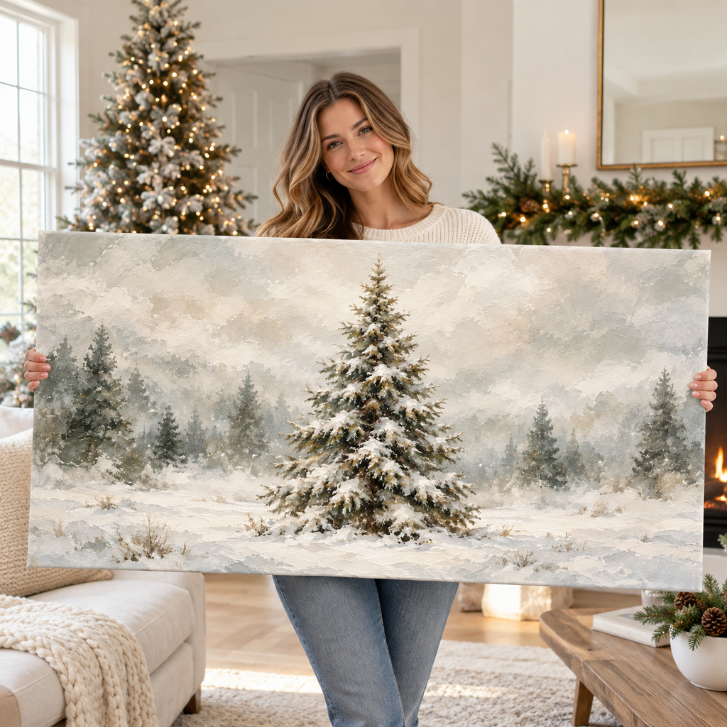 Snow-Laden Evergreen in a Misty Winter Field Wall Art