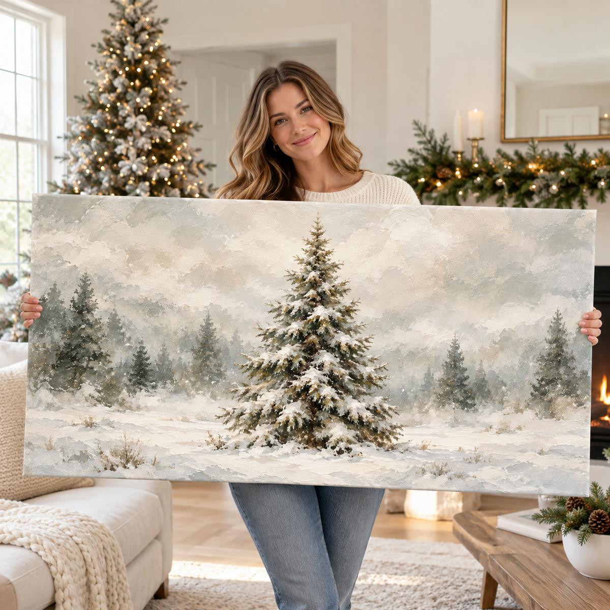 Snow-Laden Evergreen in a Misty Winter Field Wall Art