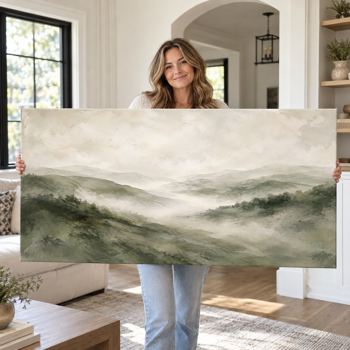Misty Green Mountains Canvas Wall Art – Serene Sage Landscape